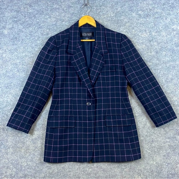Linda Allard Ellen Tracy‎ Wool Cashmere Blazer Size 8 Blue Pink Plaid Windowpane